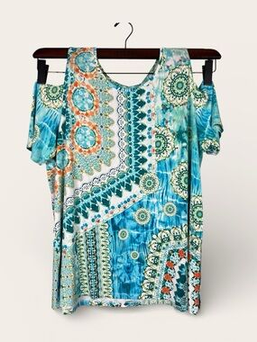 Chico’s Cold-Shoulder Boho Print Top in Teal & Orange